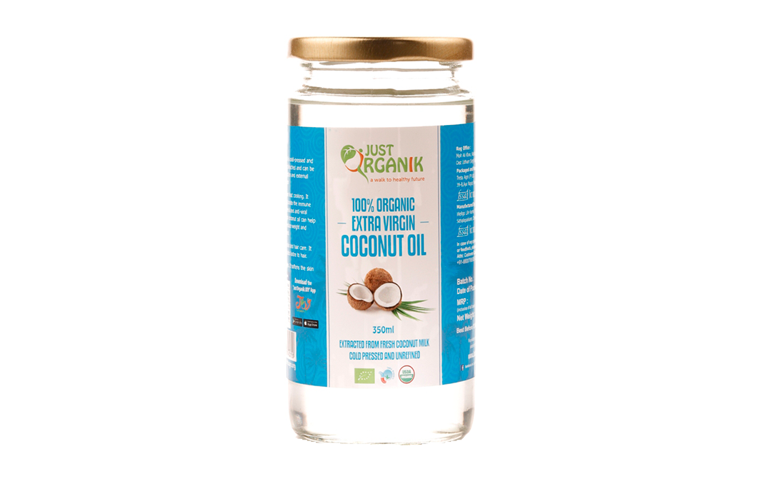 Just Organik 100% Organic Extra Virgin Coconut Oil  Glass Jar  350 millilitre